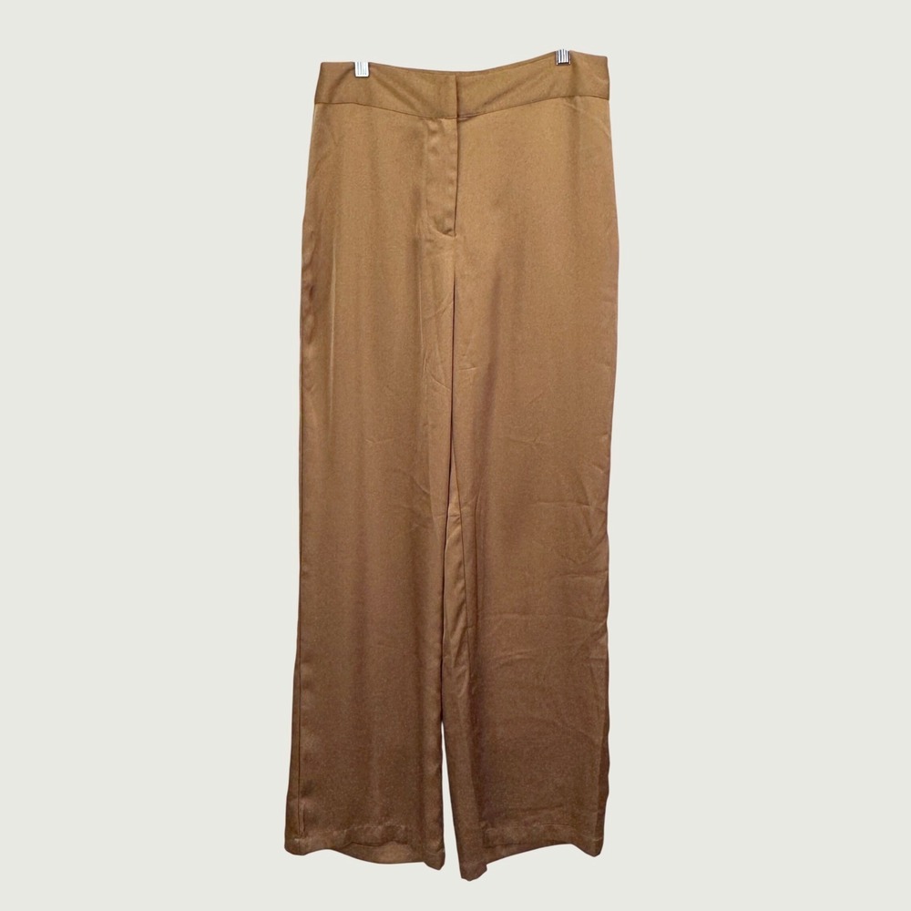 JustFab Wide Leg Trousers Size M Brown Satin Silky High Waist Minimalist Chic
